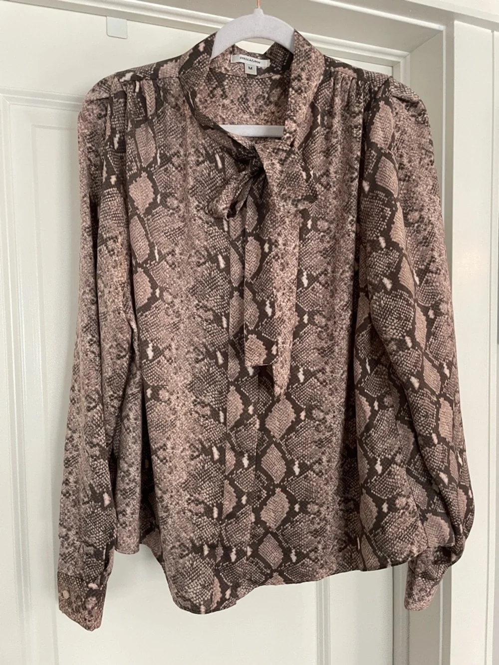 Stella & Dot Taupe and Brown Snake-Print Tie-Neck Blouse - Picture 7 of 16